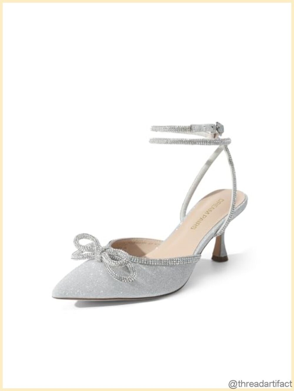 Kitten Heel Rhinestone Bow Ankle Strap Pointed Toe Glitter Pumps
